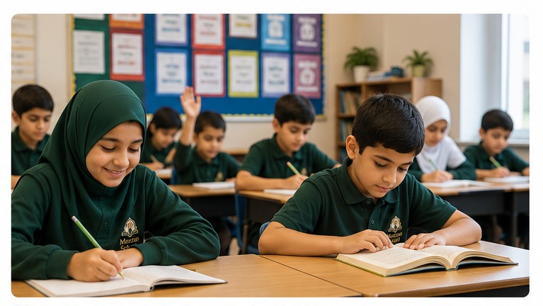 Elementary students reading, writing and participating in class at Meezan School