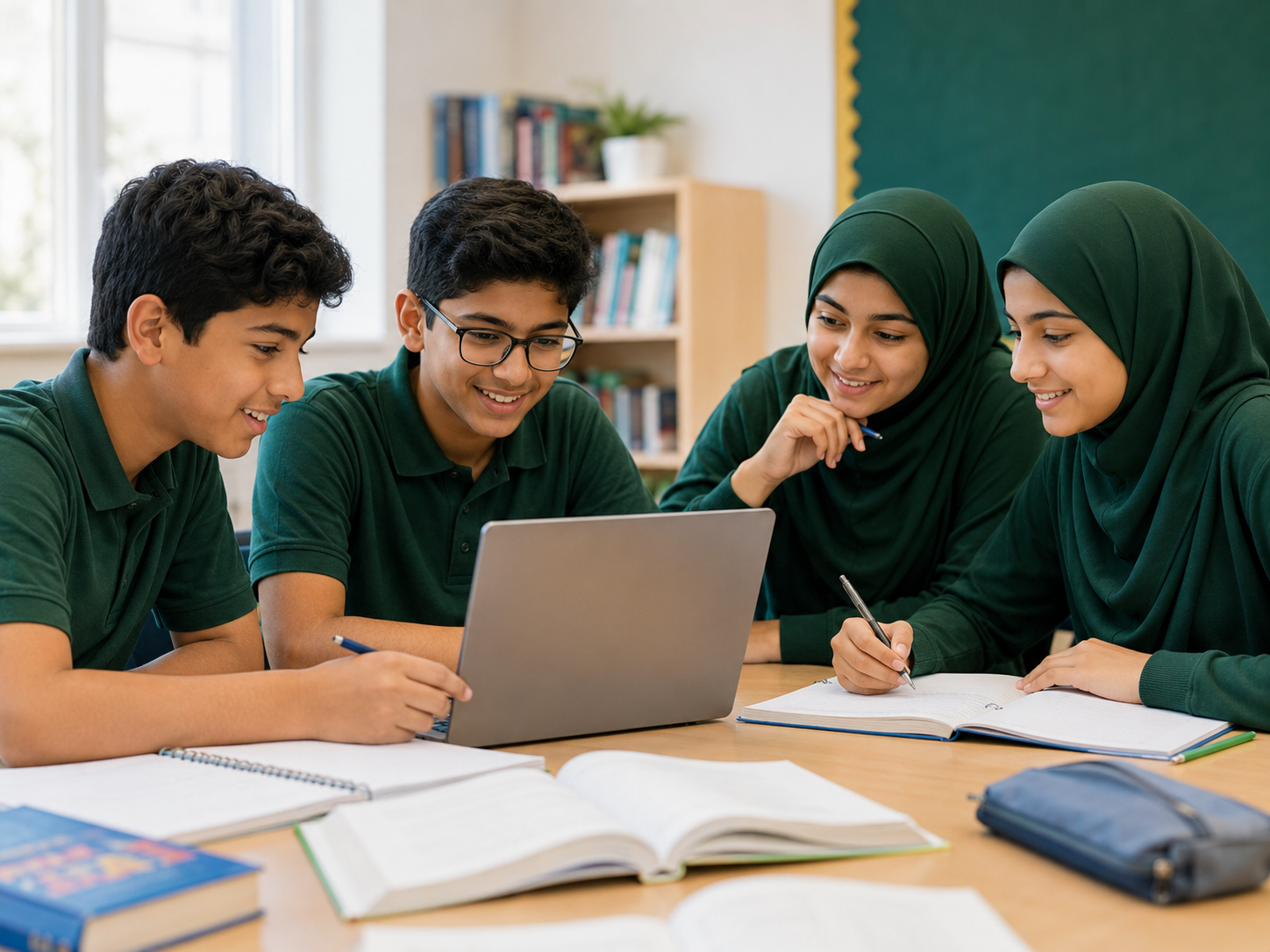 Grades 7–8 students collaborating on academic work in class