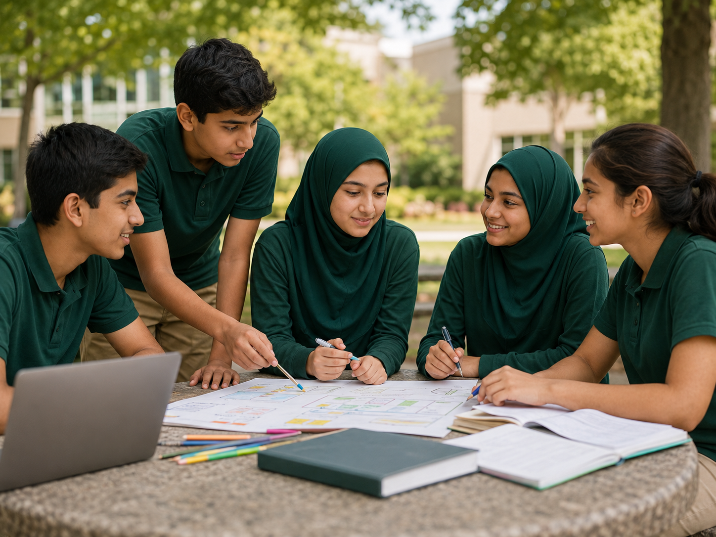 Grades 7–8 students discussing and leading a project together outdoors