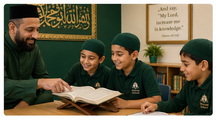 Students learning Qur’an and Arabic in an Islamic studies class